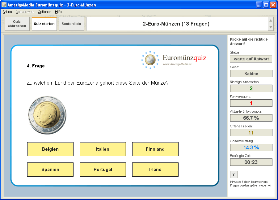 Screenshot vom Programm: Euromnzquiz